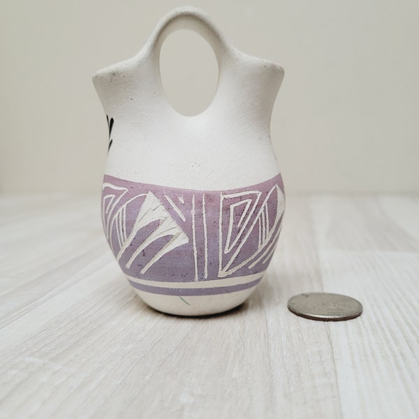 Double handmade small native American Acoma wedding vase, antique geometric style pottery replica stoneware white lavender ceramic vintage