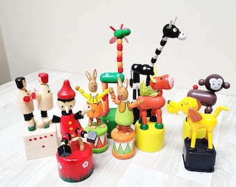 Wooden push button Easter rabbit giraffe horse dog bunny puppet marionette doll, toy Figurine collapsible collapsing Jumping animal plastic
