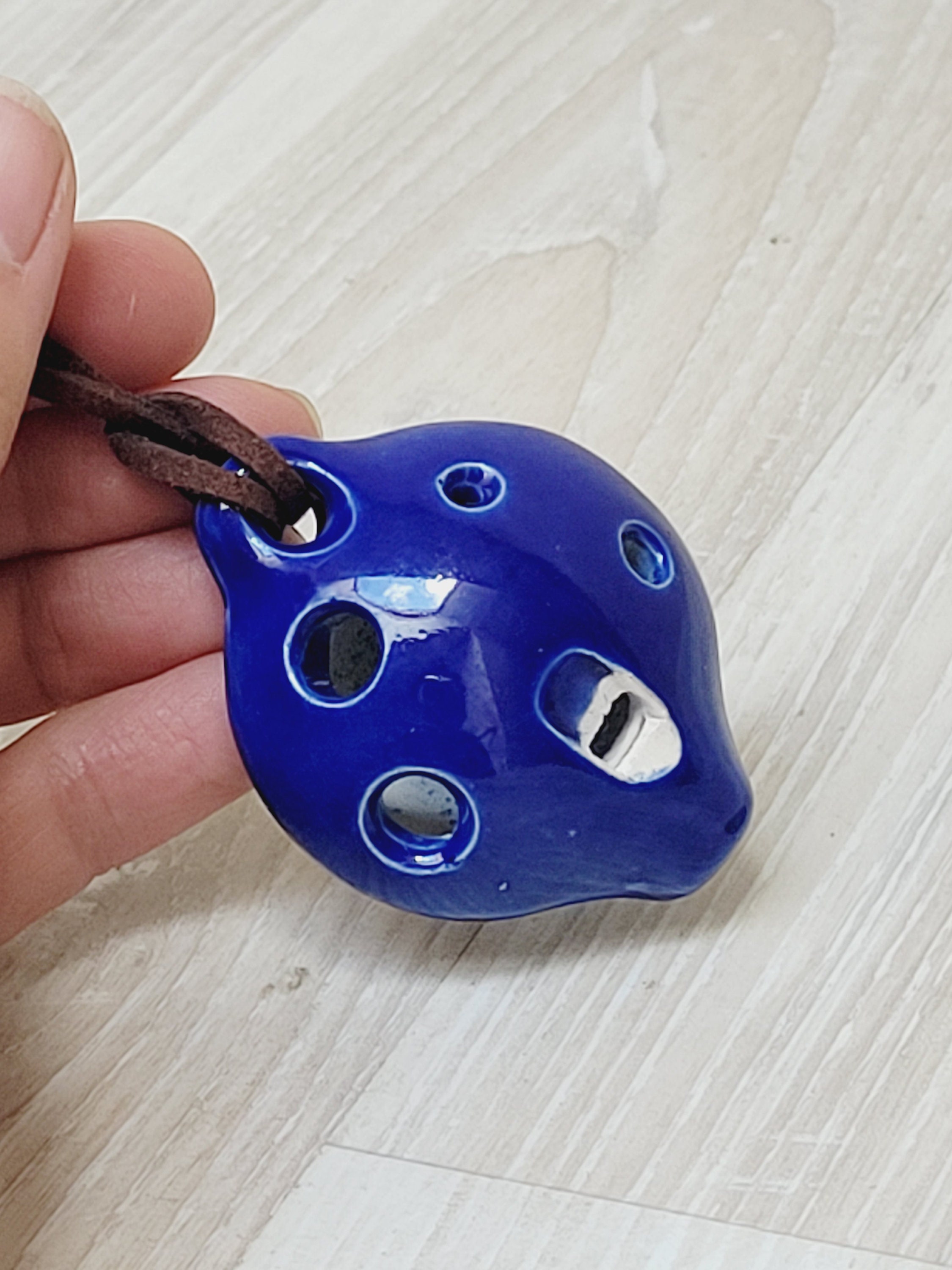 2" long John Langley Blue Ceramic 6-hole D Flute Ocarina, ceramic whistle, Vintage oval clay music woodwind blowing instrument, noise maker