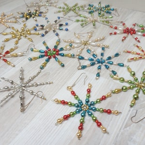 4 random beaded handmade snowflake hanging ornament, metallic pearly bead star vintage home decor, Christmas gold  red tree bauble hand made