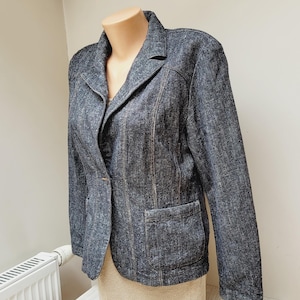 May include: A dark gray blazer with a textured fabric, featuring a notched lapel, a single-button closure, and two front pockets. The blazer is displayed on a mannequin, showcasing its tailored fit and design. The jacket has a classic, professional style.