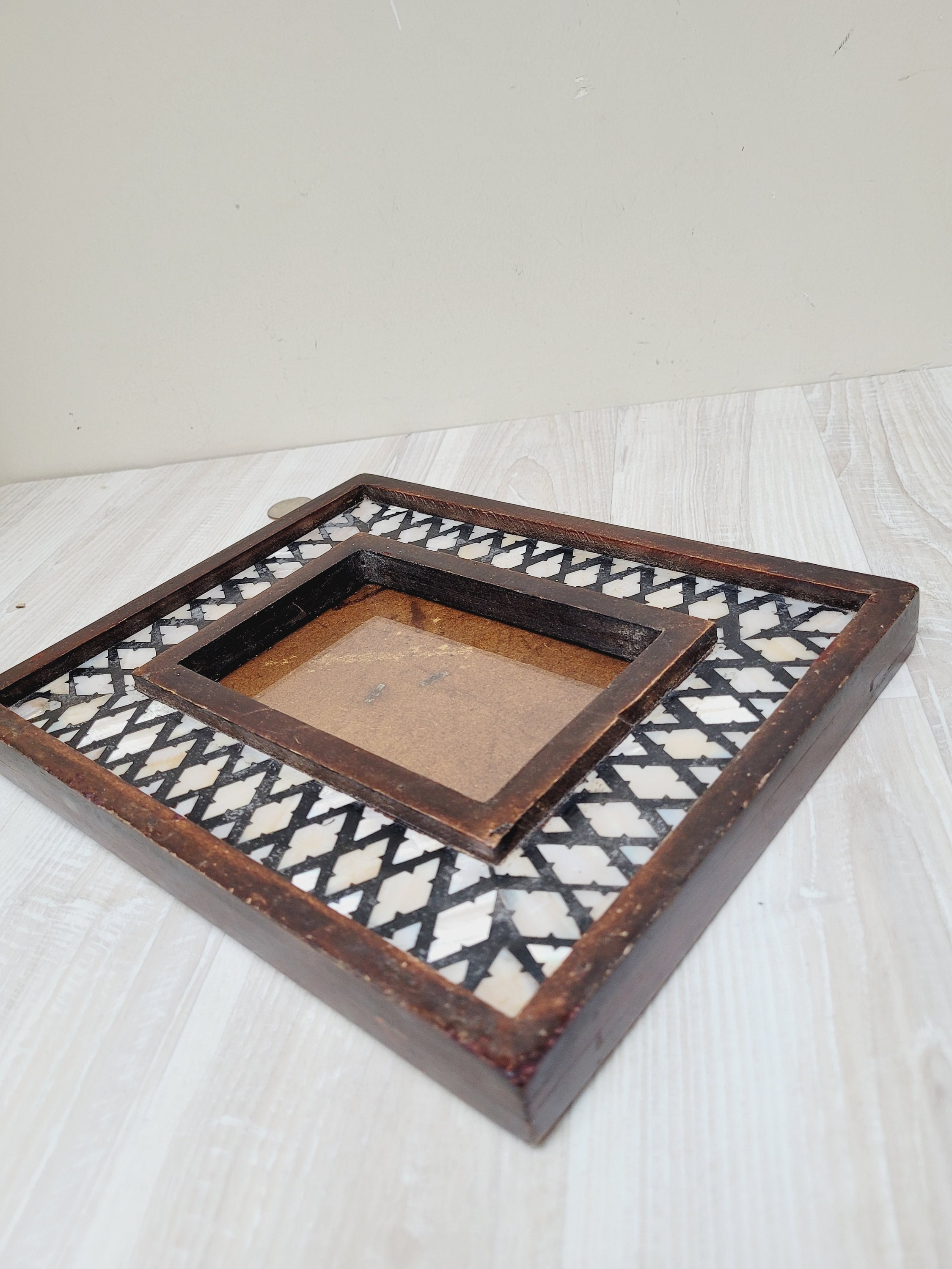 Mother of Pearl Shell Inlay Old Photo Frame, Antique Paper
