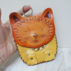 Cartera de piel auténtica con forma de zorro 3D y llavero, monedero, bolso de mano vintage marrón con botones a presión retro, bolsillo para mujer y niño.