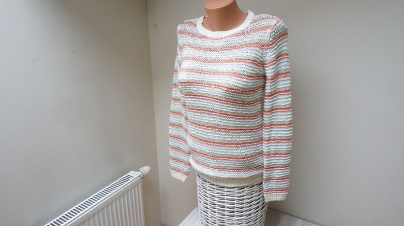 Stripe pastel Sweater Women Girl pullover orange green blue white striped Retro jeans size S M small medium vintage knitted chunky oversized