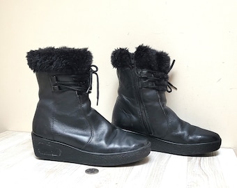Botas Rieker pretas de inverno com sola plataforma, sapatos femininos de couro legítimo com palmilha de lã, tamanho 6 US 3.5 UK 36 Europa, estilo vintage, fabricados na Alemanha, com zíper.