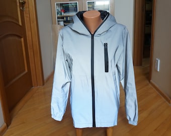 All reflective windbreaker jacket blazer, top rain coat silver gray made in size S small medium M zipper upcycled raincoat
