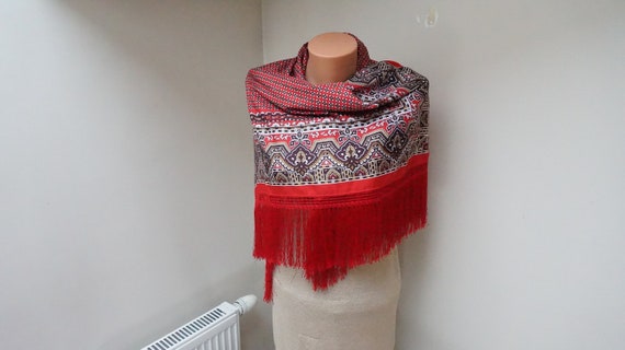 Large red Head Scarf with tassel fringe Shawl squ… - image 5