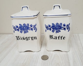 2 big 6.75"/17 cm  Swedish kitchen container, porcelain ceramic rice coffee white blue made in Sweden delft floral flower antique jar set