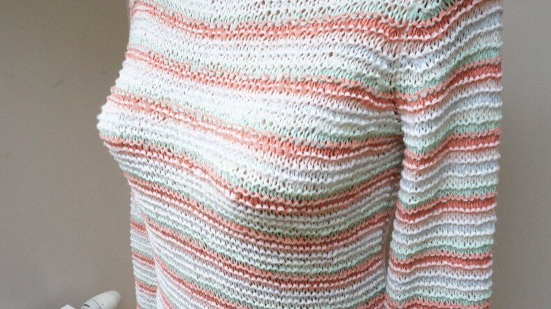Stripe pastel Sweater Women Girl pullover orange green blue white striped Retro jeans size S M small medium vintage knitted chunky oversized