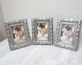 Rectangular ornate resin frame with glass silver tone faux wood Victorian style for photo picture tabletop antique carved floral 3d vintage