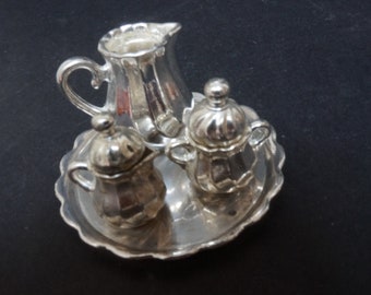 Wybierz zestaw 1:12 Domek dla lalek Bodo Hennig Miniaturowe przybory kuchenne, kolekcjonerski srebrzony rondel, czajnik, cukierniczka, tacka na śmietankę, garnek metalowy, niemiecki