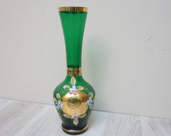 Victorian emerald green vase enameled glass antique flower Czech Bohemian handmade hand painted Murano Moser floral gilt gold rim bud Lefton