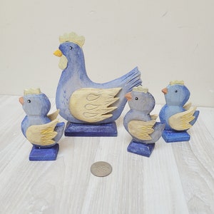5.5&quot; tall German Erzgebirge or Swedish Easter hen and 3 chicken figurines bird Vintage tabletop ornaments dolls wooden made in Germany chick