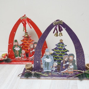 German Erzgebirge Christmas caroler Advent candleholder, arc bell candle holder singer ornament doll Vintage wooden Figurine made in Germany