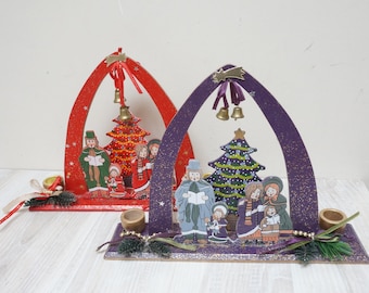 German Erzgebirge Christmas caroler Advent candleholder, arc bell candle holder singer ornament doll Vintage wooden Figurine made in Germany