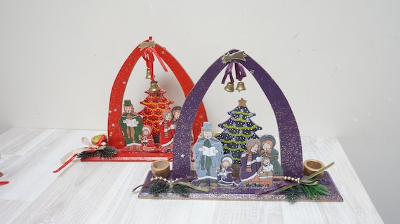 German Erzgebirge Christmas caroler Advent candleholder, arc bell candle holder singer ornament doll Vintage wooden Figurine made in Germany