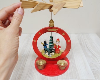German Erzgebirge Christmas Pyramid: Wooden Candle Carousel with Santa and Angels