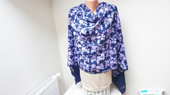 Large wool embroidery navy blue purple woven flor… - image 1