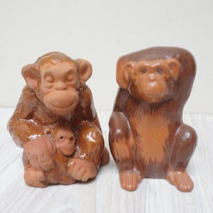 2 Chimpanzee Monkey, with baby by Tore Borg, ceramic chimp Animal handmade clay terracotta figure figurine sculpture ape pottery terra cotta