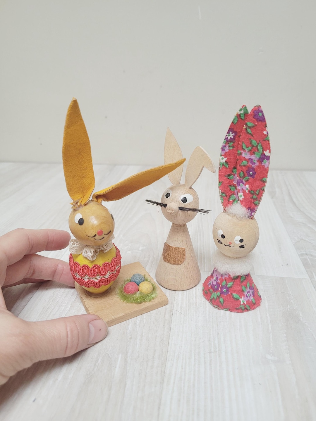 Set of 3 Easter Bunny Rabbit With Eggs, Erzgebirge Decor Doll Wooden ...