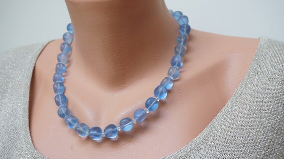 Blue Sheer Frosted Glass Bead Necklace 