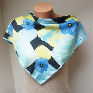 Small silk Scarf Shawl flower woman face blue yellow black vibrant headband turban Retro geometric vintage square 1980s lime green sky twill