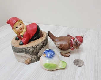 Juego de 3 figuras de cerámica escandinava de gorrión, figura de tomte, escultura navideña, estatuilla, gnomo, elfo, troll antiguo