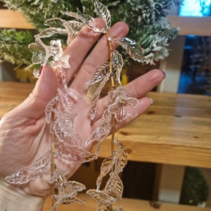 102 cm lång pärlbesatt julblomsbladsgirlang, Vintage botanisk klar akryl guldfärgad julgransprydnad heminredning metallic