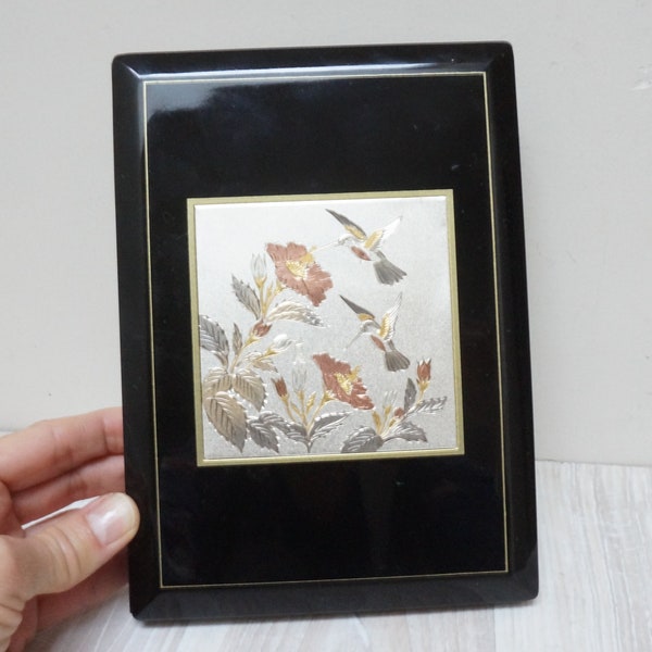 Japanese faux lacquer hummingbird photo album, little vintage aluminum metal silver tone inlay photography for 8 pictures rectangle black