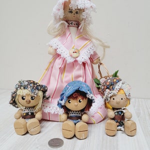 Set of 4 Scandinavian or Erzgebirge bonnet girl with basket Easter figurine, wooden baby Swedish German folk doll made in Sweden Germany toy