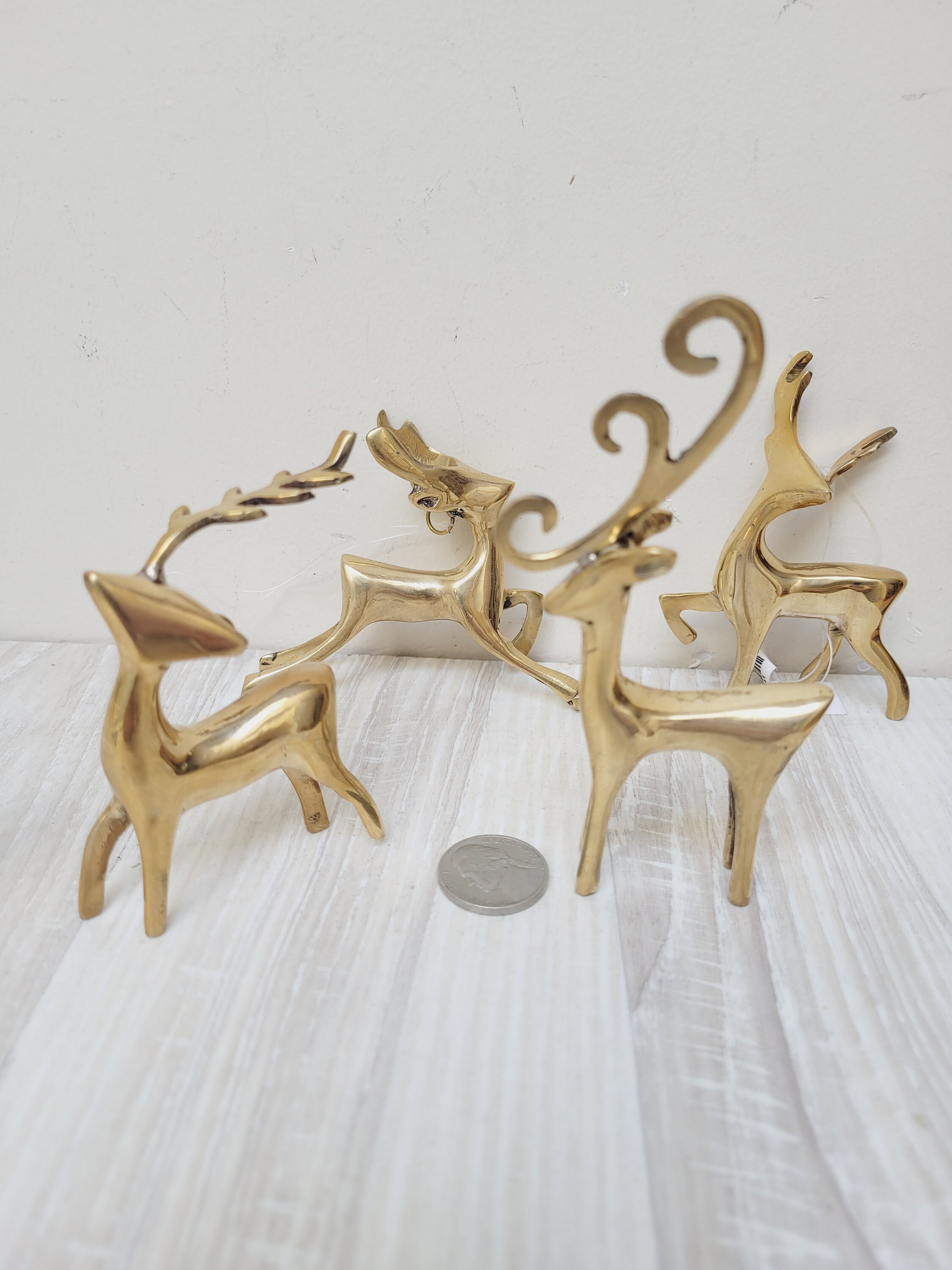 Choose brass metal deer hanging ornament, gold tone Christmas figurine bronze reindeer animal modernist statuette woodland home decor figure