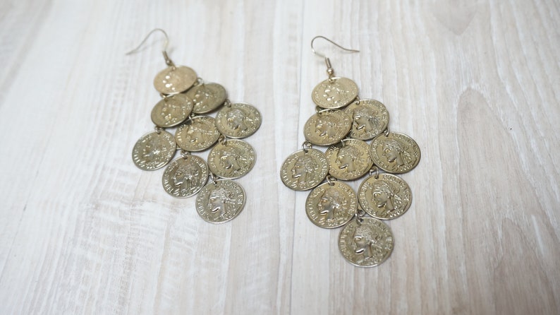 Coin dangle earrings Jewelry hanging charm money brass bronze gypsy boho cluster chunky indian vintage retro French