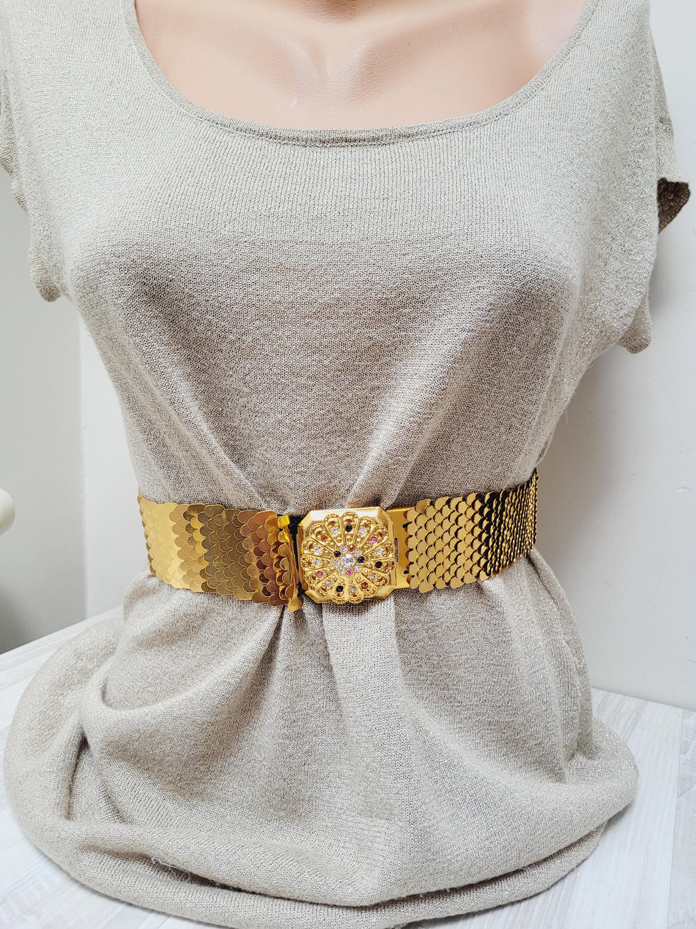 Vintage Style Scale Like Stretch Belt with Ornate Buckle OSFA Vintage Gold Scales Belt: 1980s Leaf Buckle Stretch Belt - Etsy main image 2