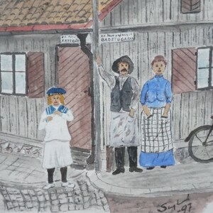 May include: Watercolor painting of a street scene with three adults and a child. The adults are standing near a building with a sign that reads "BADSTUGATAN". A bicycle is parked nearby. The child is wearing a sailor outfit.