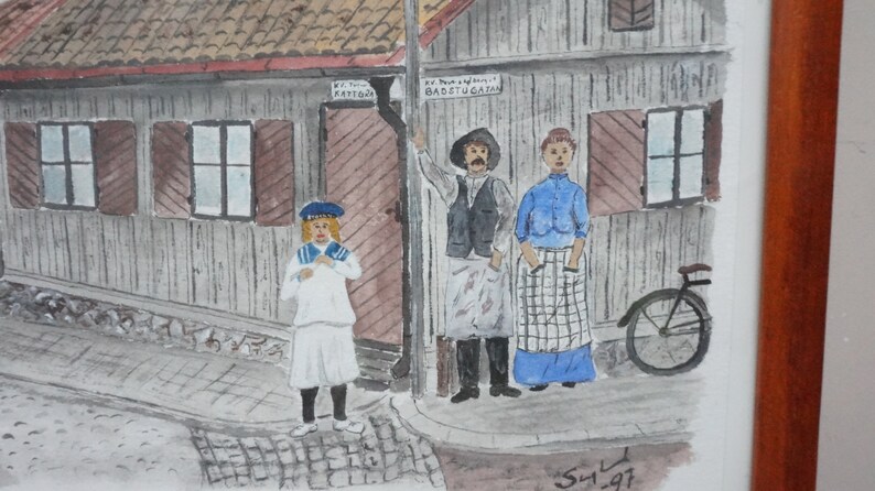 May include: Watercolor painting of a street scene with three adults and a child. The adults are standing near a building with a sign that reads "BADSTUGATAN". A bicycle is parked nearby. The child is wearing a sailor outfit.