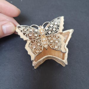 Enamel butterfly jewelry box, jeweled mini vintage retro ring openwork holder, metal old clear rhinestone embellished cream treasury trinket