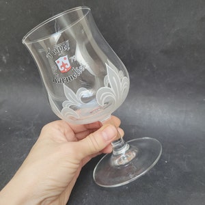 Karmeliet Tripel Belgian beer glass, Tulip chalice shaped stemmed goblet, made in Belgium stein tankard Bosteels fleur-de-lis clear frosted