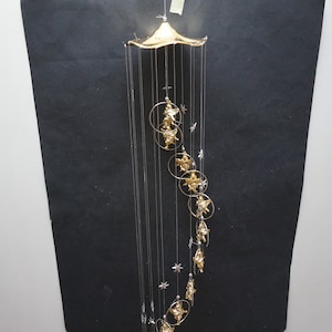 Angel musician & star Christmas mobile chime extra long gold / silver tone suncatcher, vintage cherub plastic ornament Retro made in Germany