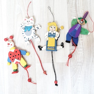 Choose jumping jack puppet, Cat Swedish folk girl clown ladybug wooden Christmas tree hanging ornament, doll figurine home decor marionette