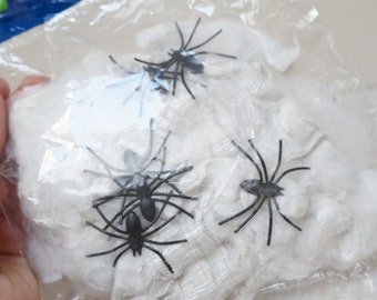 6 Spiders on cobweb Halloween home decor supply insect bug beetle accent Vintage Retro set of black spooky web spider wall table fiber