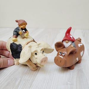 Scandinavian ceramic pixie on pig figurine, old tomte Santa figure Christmas handmade sculpture statuette made in Sweden gnome elf troll old