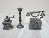 1 6 scale 3 Dollhouse Miniature candlestick telephone coffee grinder candle holder pewter Toy Metal Vintage gray play playscale doll house