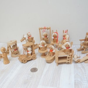 15 German Erzgebirge style figurines made in Taiwan; girl angel snowman horse, Vintage Christmas ornaments dolls wooden Figurine Retro set