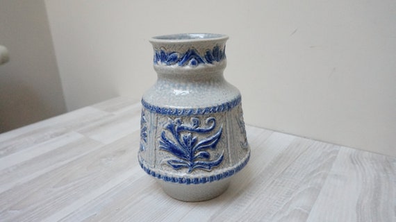 Stein-keramik Salt Glaze Vase Blue Gray Vintage Made in West Germany Retro Ceramic Decor W. German 11/16 Floral Botanical Embossed Fat Lava