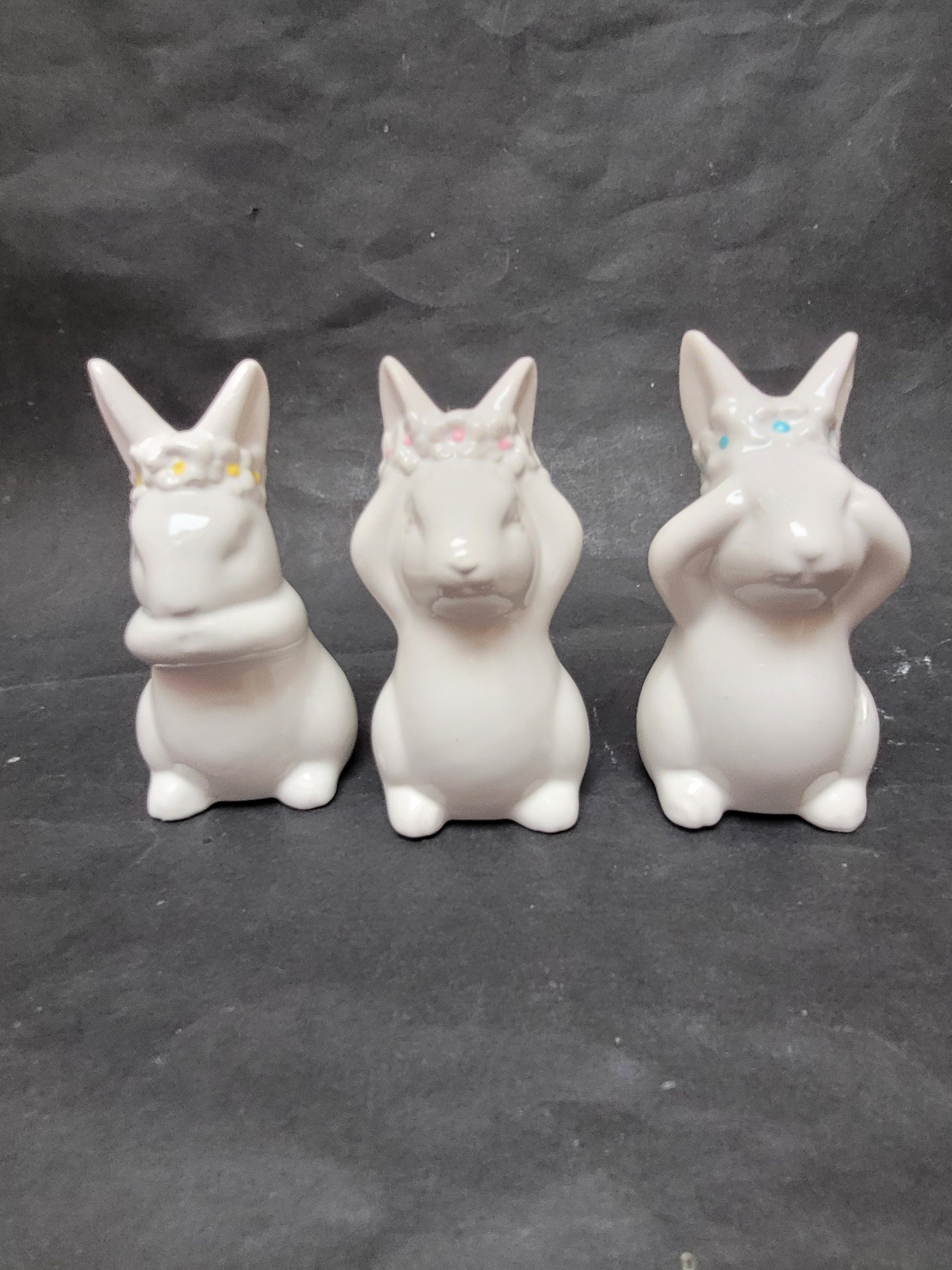 Ceramic 3 Wise Rabbit Easter Bunny, Monkey Style See Hear