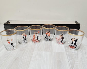 Juego completo/6 vasos de chupito diferentes - Bailarinas de flamenco españolas - Hecho en Francia, recuerdo de viaje a España