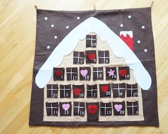 28"/71 cm hanging felt Advent calendar, Christmas house shape brown fabric patchwork, pocket big German vintage door wall hanging decor