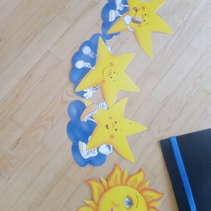 Guirlanda de sol, lua e estrelas faça você mesmo, vintage, 6,5 jardas/6 m de comprimento, cortes em matriz, decoração de corte em papel celestial, kit de decoração para fazer cortes em matriz