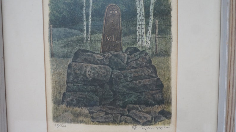 May include: A vintage woodblock print of a stone marker with a crown and the text "1 MIL" in a forest setting. The print is numbered 59/100.