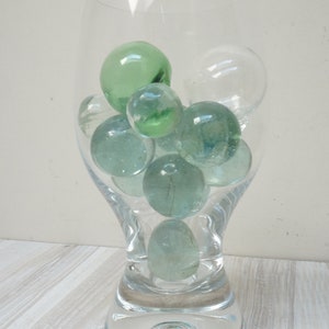 15 big clear light green marbles & fishing floats, soda bottle ocean aqua bubble glass marble set, irregular retro vintage solid hollow ball